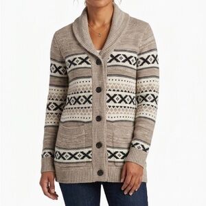 SANSARA Wool Nordic Fair Isle Shawl Button Cardigan Cabincore Cowichan Sweater L